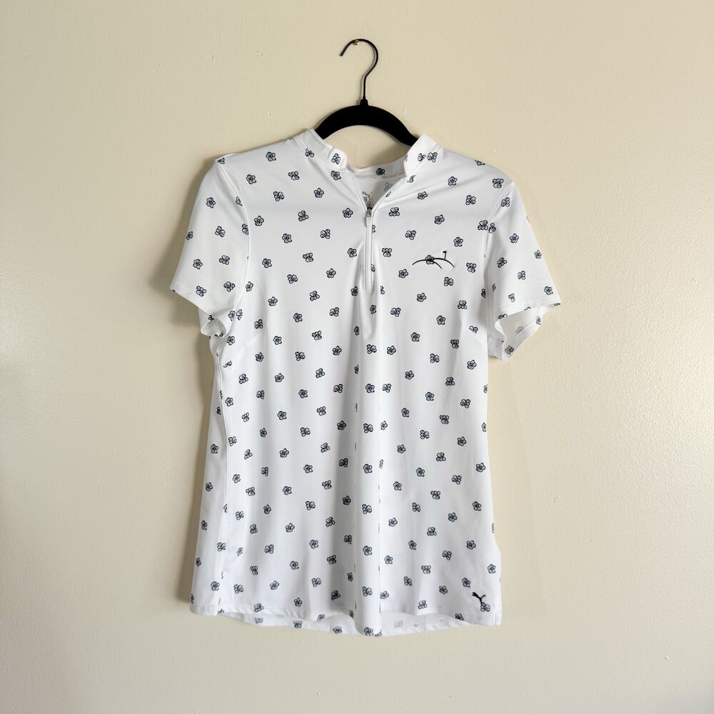 Puma White + Blue Hibiscus Floral Print Zip Closure Polo - Medium - Picture 9 of 10